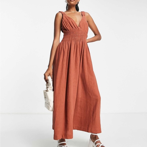 Abercrombie & Fitch asymmetrical scrunchie strap maxi dress in rust Sz L - Picture 1 of 5